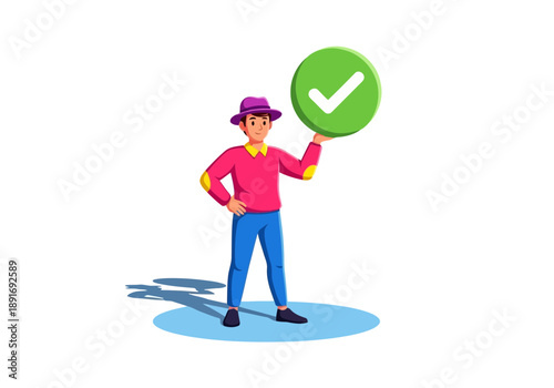 A cartoon man in a pink shirt and purple hat holding a green checkmark