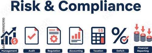 Risk and compliance infographic illustration, financial management, audit, regulation, accounting, taxation, deficit control and corporate financial reporting
