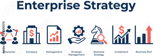 Enterprise strategy infographic illustration, corporate management, strategic planning, business strategy, investment growth, performance analysis and organizational decision making