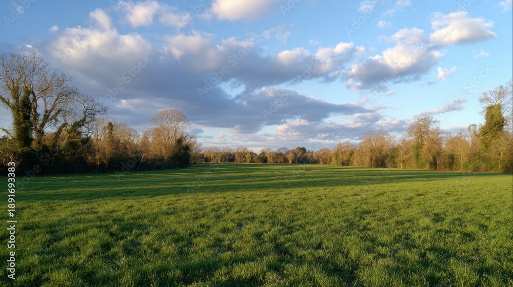 Fototapeta premium Sunlit green field with blue sky and cloud formation.
