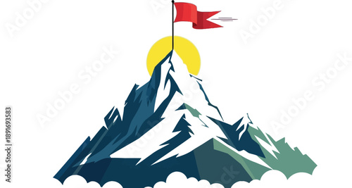 Majestic mountain peak illustration showing a bright red flag triumphantly planted at the summit against a shining sun and clear blue sky representing ultimate success and achievement in endeavors