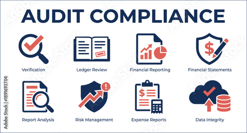 Audit compliance infographic illustration, financial verification, ledger review, risk management, expense reports, data integrity, corporate accounting and reporting process