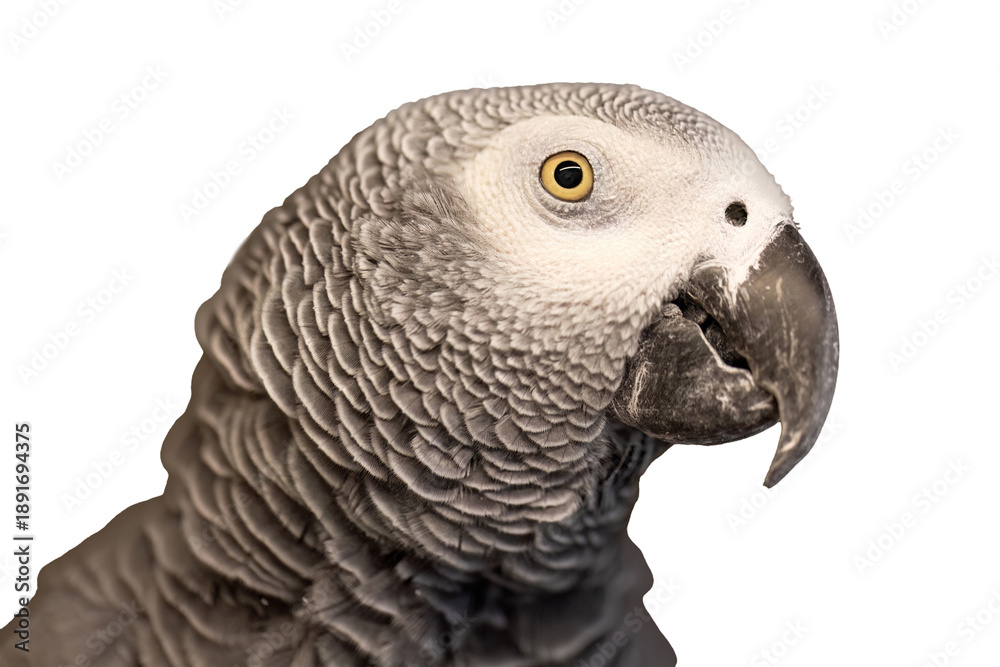 Fototapeta premium African grey parrot head portrait isolated on transparent background clipart with detailed feathers