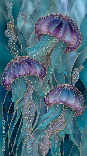 A stained glass effect painting depicting abstract jellyfish in opalescent translucent colors: ocean green, azure, lavender.
