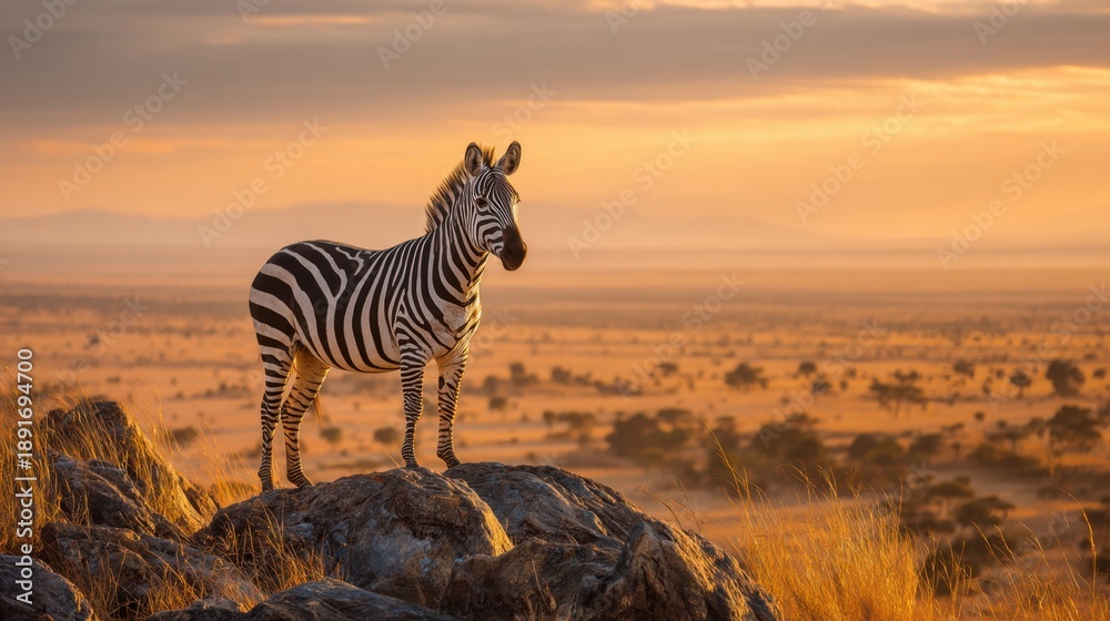 Obraz premium Zebra standing on rocks in african savannah at golden sunset.