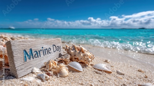 Seashells on a beach with marine day sign by turquoise sea under blue sky.
