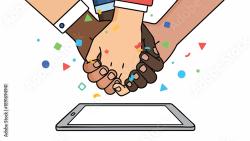 Unified Team Celebrating Digital Milestone and Success Achievement on Tablet Screen Mockup