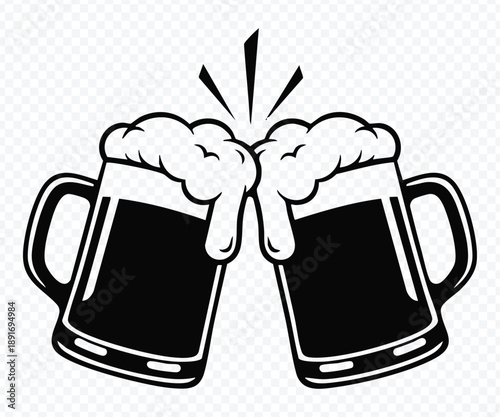 Two cartoon styled beer mugs clinking together with a splash effect, a symbol of celebration or a toast