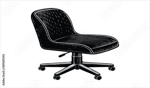 Contemporary black leather ergonomic office chair with wheels featuring a comfortable design for business work and isolated on a white background as a single empty furniture object