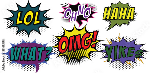 Colorful Comic Pop Art Speech Bubbles Set with Funny Expressions LOL OMG What Oh No Haha Yikes in Retro Halftone Cartoon Style