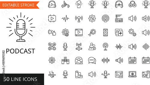 Comprehensive Podcast Line Icon Set Featuring Microphone Audio Wave Headphones Radio Broadcast Sound Recording Multimedia Voice Streaming and Digital Communication Symbols for Modern Design