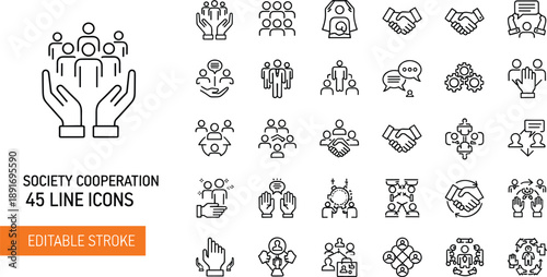 Society Cooperation Line Icon Set Featuring Teamwork Partnership Community Support Business Collaboration Human Resources Leadership Networking Unity Social Responsibility and People Group Symbols