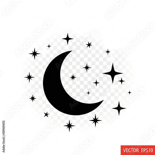 Black crescent moon and stars vector illustration
