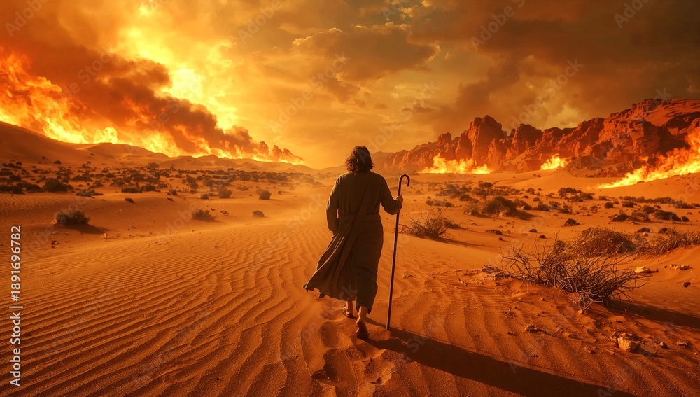 Fototapeta premium Prophet Moses in Fiery Exodus Dramatic Biblical Backview of Moses Walking Through Blazing Desert with Staff, Courage and Divine Journey
