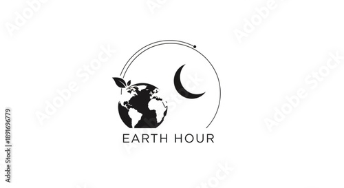 Earth hour logo with globe leaf and crescent moon symbol