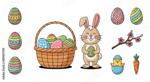 Easter bunny holding egg with basket and colorful decorations