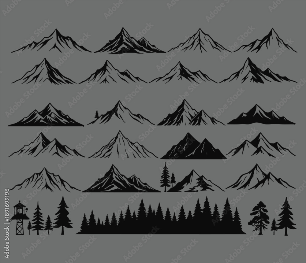 Fototapeta premium Collection of various mountain and tree silhouettes in black