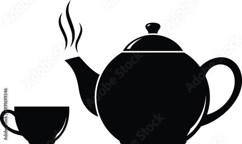 Black Silhouette Vector Icon of a Classic Round Teapot and Steaming Tea Cup, Symbolizing Hot Beverages, Afternoon Tea, and Cozy Break Time in a Minimalist Style.