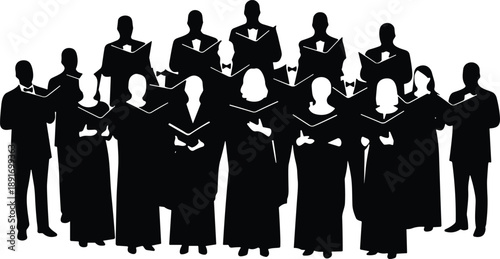 Black silhouette vector illustration of a mixed adult choir group singing and holding music books, dressed in formal attire for performance or concert design.