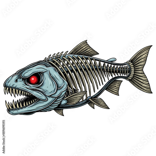 trout skeleton fish with glowing red eyes and sharp teeth on white background