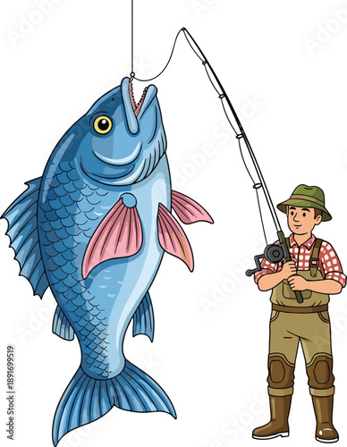 Cartoon Fisherman Catching Giant Fish with Rod Isolated Illustration Showing Fishing Success Adventure Outdoor Sport Concept