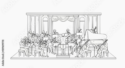 A detailed sketch of an orchestra performing on stage, with a grand piano prominent in the scene. The scene showcases musicians and musical instruments