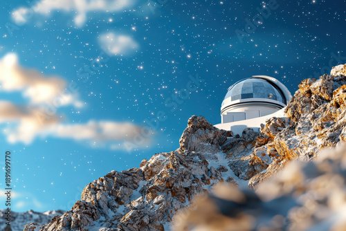 Fototapeta kuchenna Celestial observatory perched atop rocky mountains under starry sky, showcasing beauty of astronomy and nature wonders