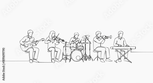 An artistic illustration of a musical band. The ensemble includes guitarist, violinist, drummer, trumpet player, and keyboardist