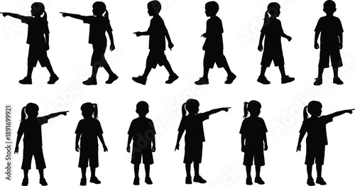 Children silhouette flat vector illustration, kids pointing walking poses set, playful childhood activity concept isolated white background minimal black design