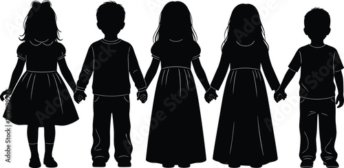 Children Silhouette Kids Family Childhood Friendship Unity Togetherness Group Human People Black White Vector