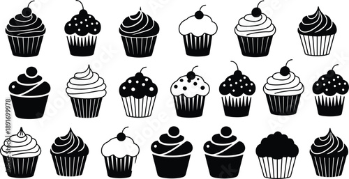 Assortment of 18 Black Silhouette Cupcakes with Various Toppings and Frostings dessert sweet