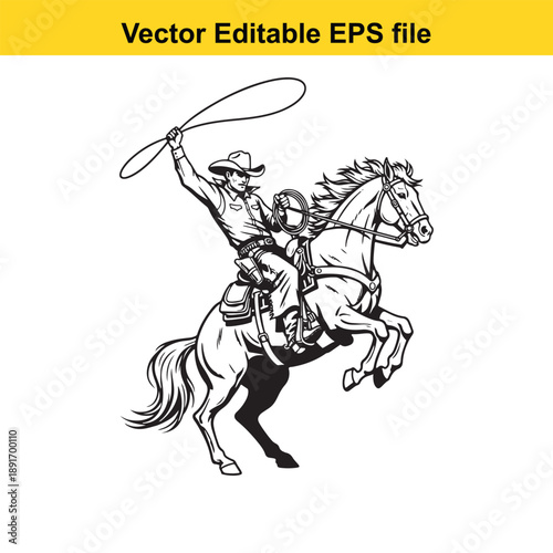  cowboy riding horse with lasso in hand in black and white vector illustration