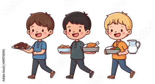 Three cartoon boys carrying food for Iftar party