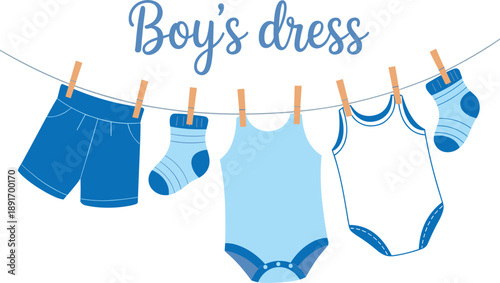 Blue baby boy clothes hanging on a clothesline with text " Boy's dress clothing outfit