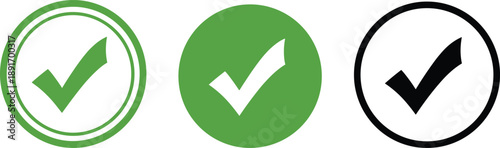 Check mark icon set in green and black circle styles for approval confirmation validation success symbols isolated on white background