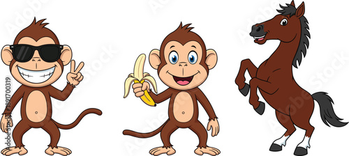 Cute cartoon animal characters set featuring cool monkey with sunglasses, happy monkey holding banana, and rearing horse illustration isolated