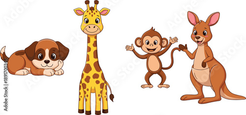 Cute cartoon animal characters set featuring puppy, giraffe, monkey, and kangaroo illustration for kids isolated on white background