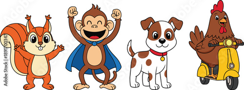 Cute cartoon animal characters set featuring squirrel, superhero monkey, dog, and chicken riding scooter isolated on white background