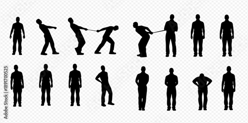 Set of human silhouettes in various poses including standing and tug of war activity.