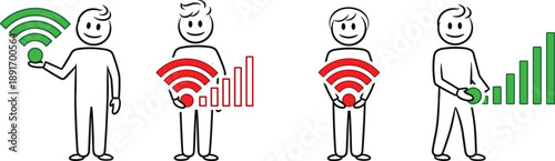 People holding WiFi signal icons and connection strength bars representing wireless network quality, internet speed levels, and communication status concepts