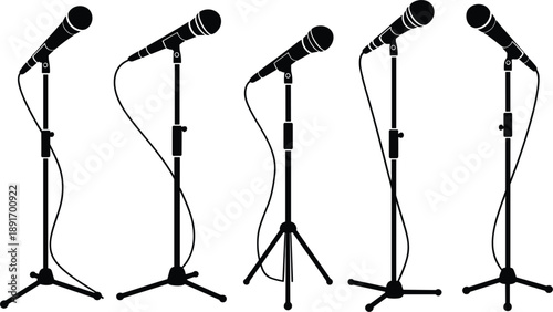 Five black silhouette microphones on stands in various positions audio sound