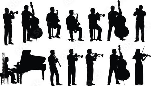 musicians music orchestra band silhouettes performers instruments jazz classical concert artists human black isolated vector
