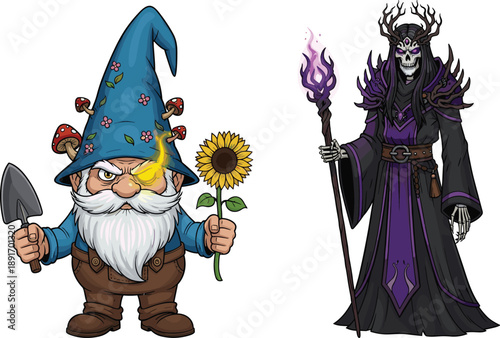 PrintFantasy cartoon illustrations of a magical garden gnome with mushrooms and a sunflower alongside a dark skeletal lich wizard holding a flaming purple staff