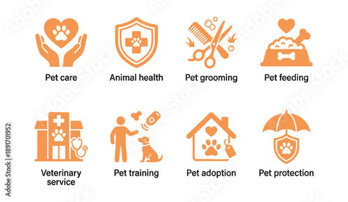 Pet care and animal health services icons for business use