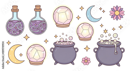 set of easter Whimsical Magical Illustration Set Featuring Swirling Purple Potions, Crystal Balls, Cauldrons, and Moon Symbolsand flowers