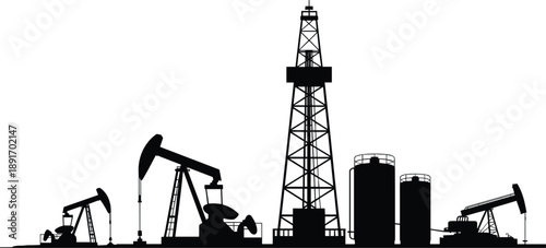Silhouette of an oil drilling rig and pump jacks against a white background pumpjack derrick