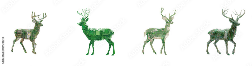 Obraz premium Digital deer illustration with green circuit board design standing isolated on transparent background