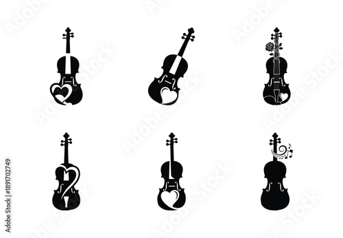Collection of a black romantic violin vector icon set. valentines day silhouette icons.