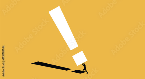 Person struggling to lift massive white exclamation mark