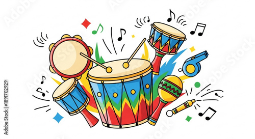 Colorful drums and microphone with music notes illustration
